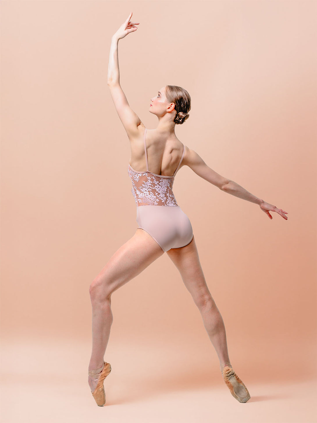 Back pose Londonne camisole dance leotard for ballet Vienna Dusty Rose pink floral velvet