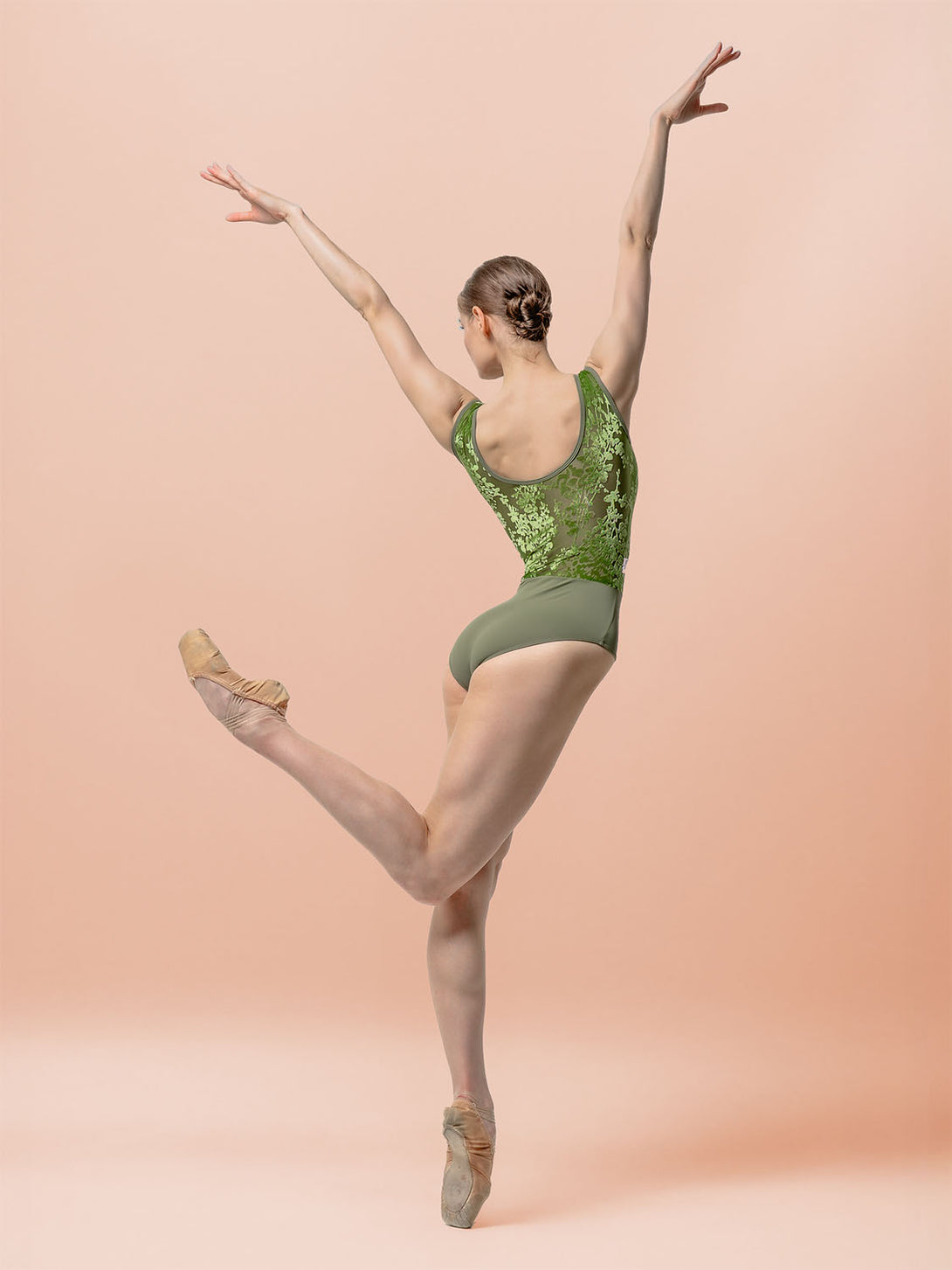 Back pose Londonne dance leotard for ballet Geneva Moss Green floral velvet