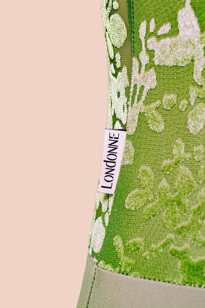 Close up fabric Londonne dance leotard for ballet Geneva Moss Green floral velvet