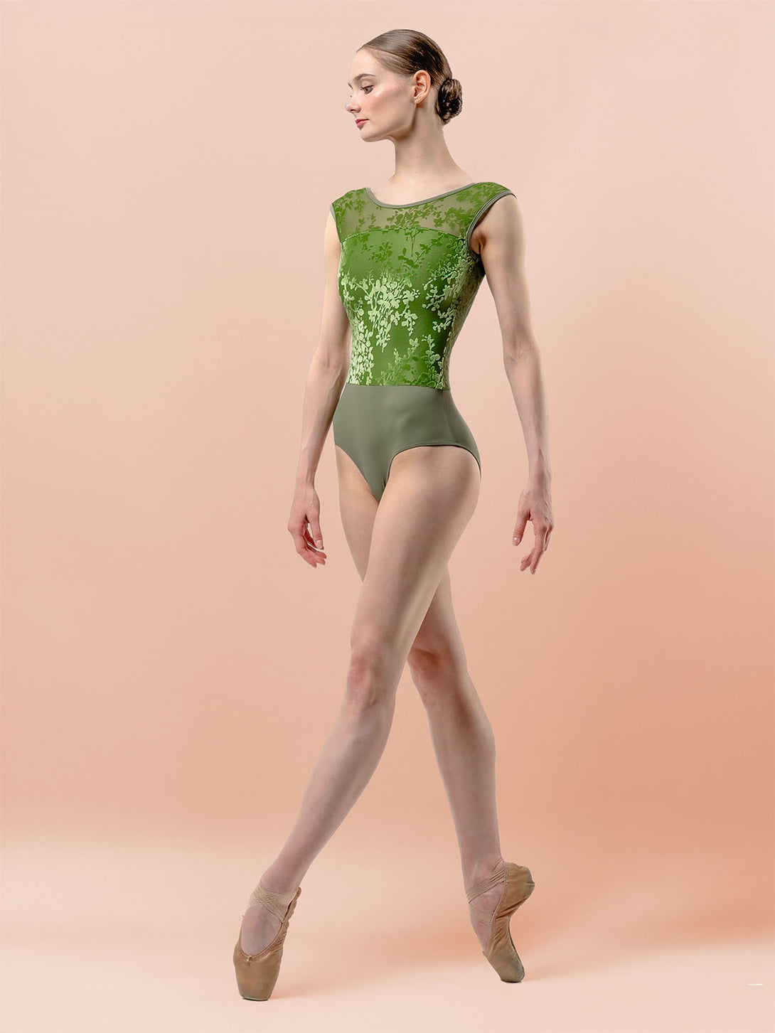 Front pose Londonne dance leotard for ballet Geneva Moss Green floral velvet