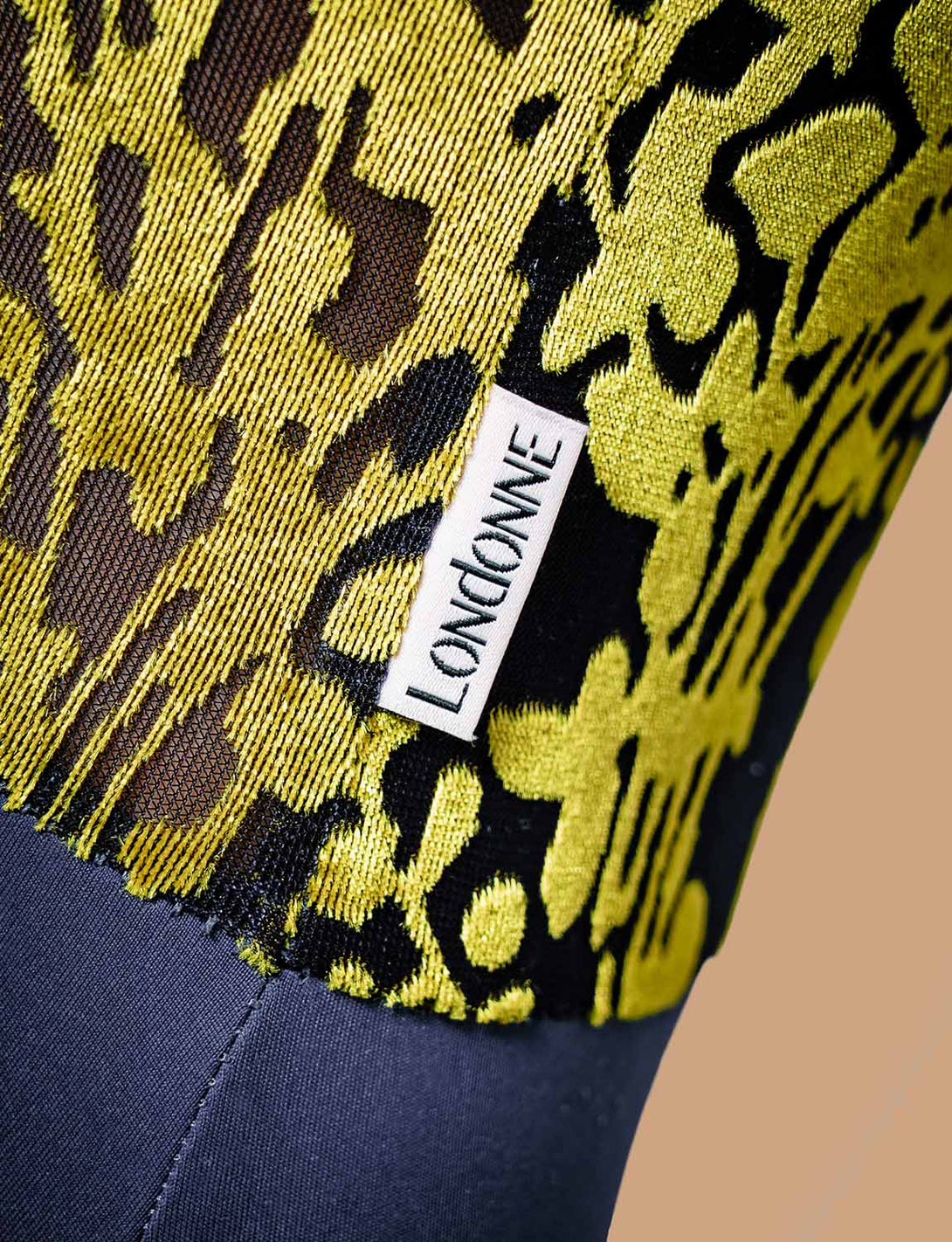 Close up fabric Londonne camisole dance leotard for ballet Vienna Midnight Flower navy blue gold floral velvet