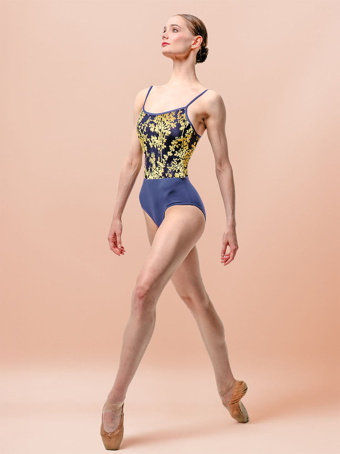 Front pose 2 Londonne camisole dance leotard for ballet Vienna Midnight Flower navy blue gold floral velvet