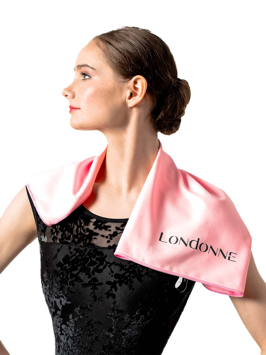 Dancer wearing Londonne pink microfiber mini sweat towel for dancers 