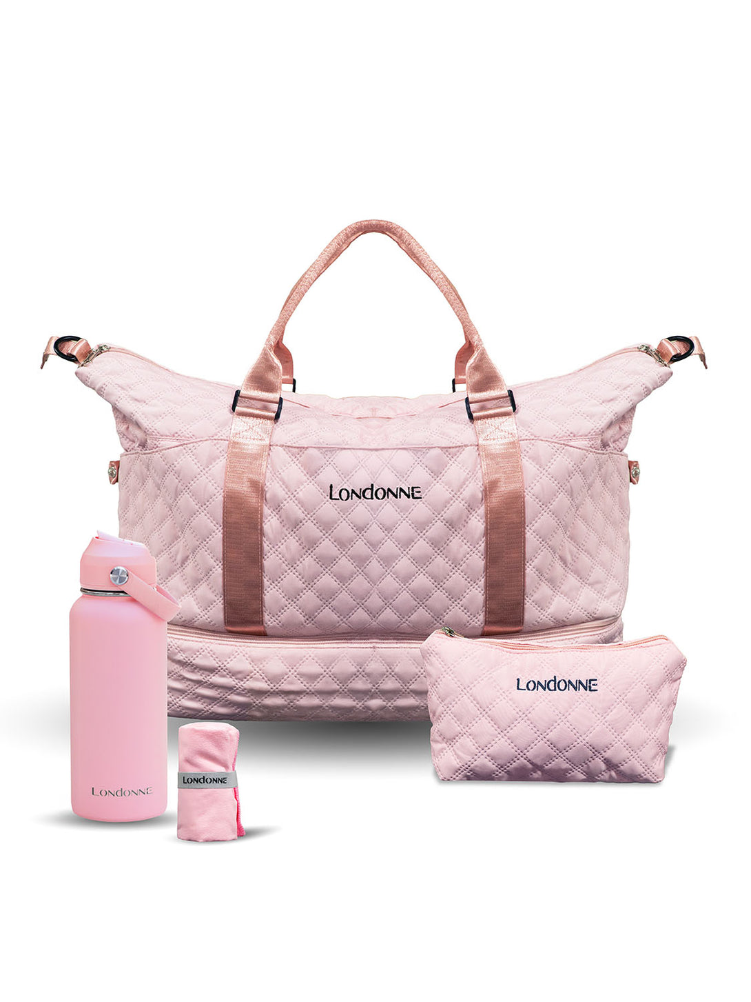Bundle matching Londonne mini makeup bag royale max dance bag pink water bottle pink microfiber towel