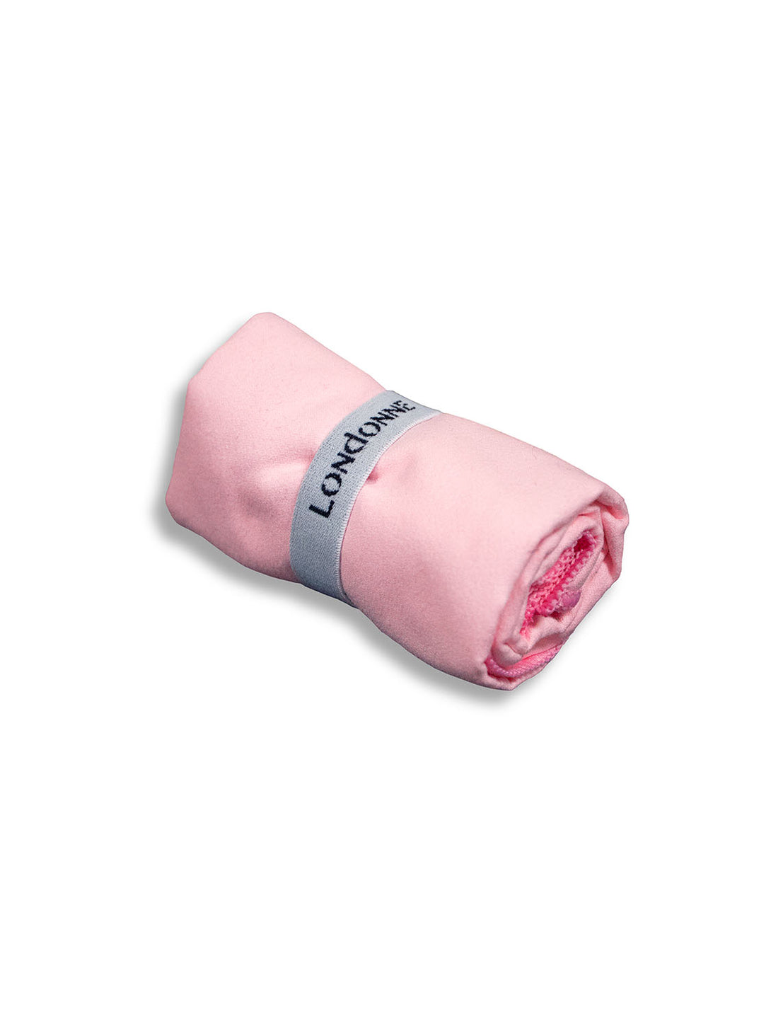 Laying rolled up view of Londonne pink microfiber mini sweat towel for dancers