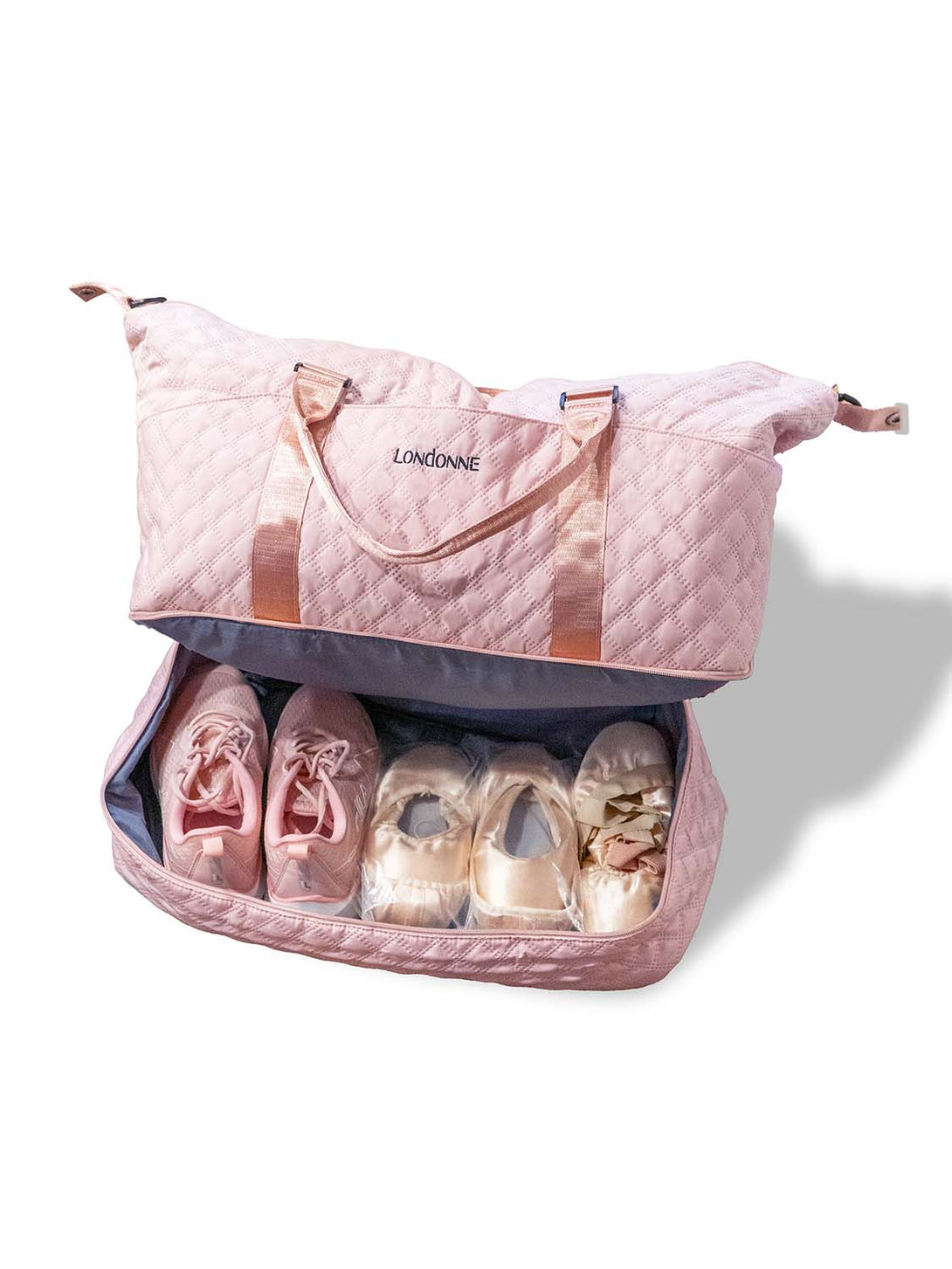 Under Compartment with shoes and pointe shoes of Pink Royale Max Dance Bag for Ballerinas Londonne