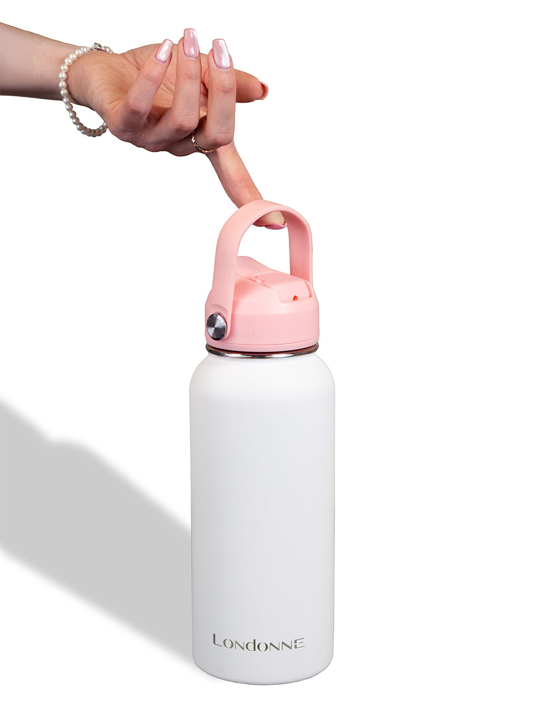 hand holding Londonne white stainless steel water bottle